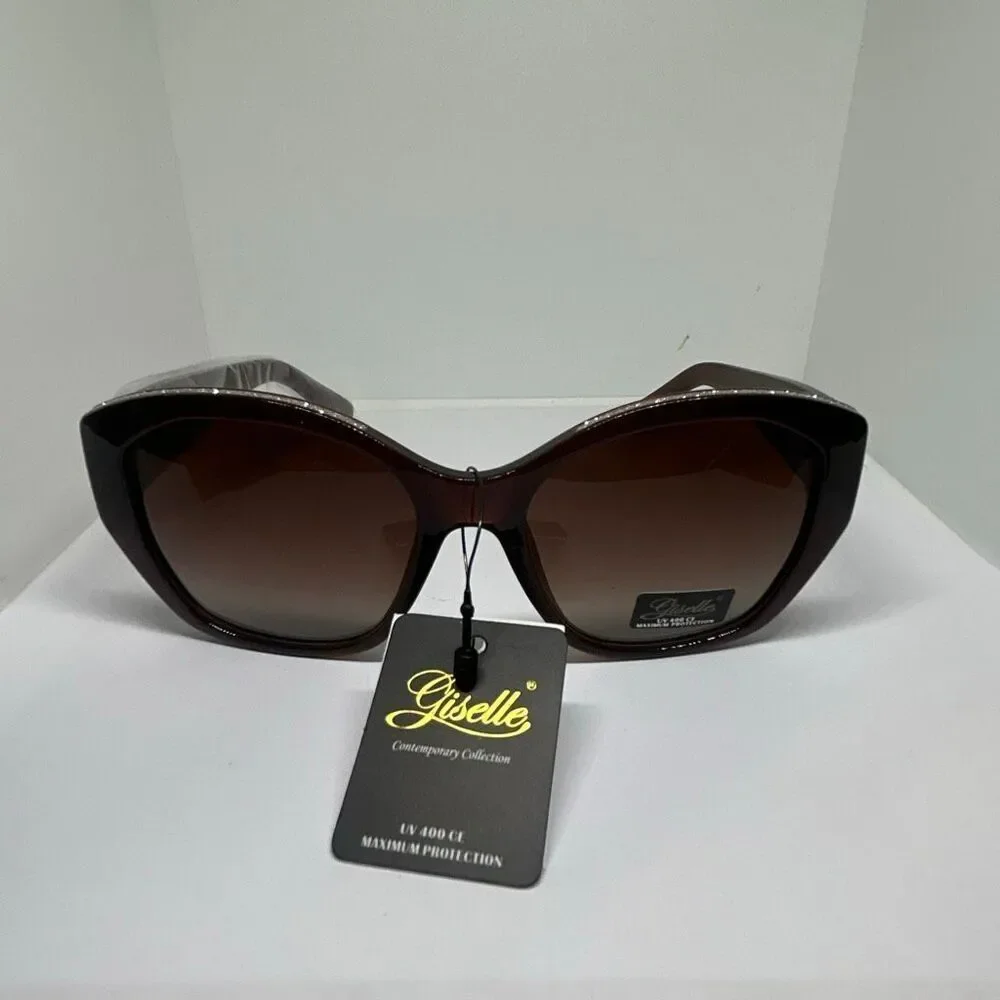 Giselle Oversized Brown Sunglasses UV400 Glam Rhinestone Accent